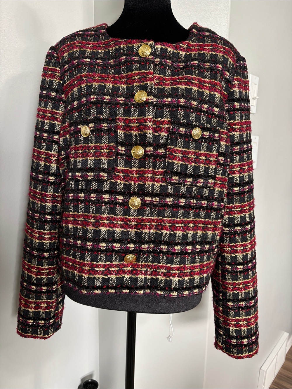 House of Harlow 1960 Black, Red & Cream Tweed Button-Front Blazer